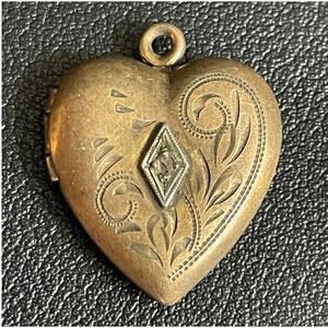 Vintage Gold Filled Locket Sterling Silver Heart Etched Floral Pendant